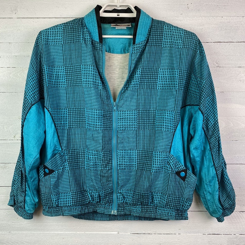 Vintage Aviat Womens Windbreaker Jacket Large Green Black Full Zip Side Pockets